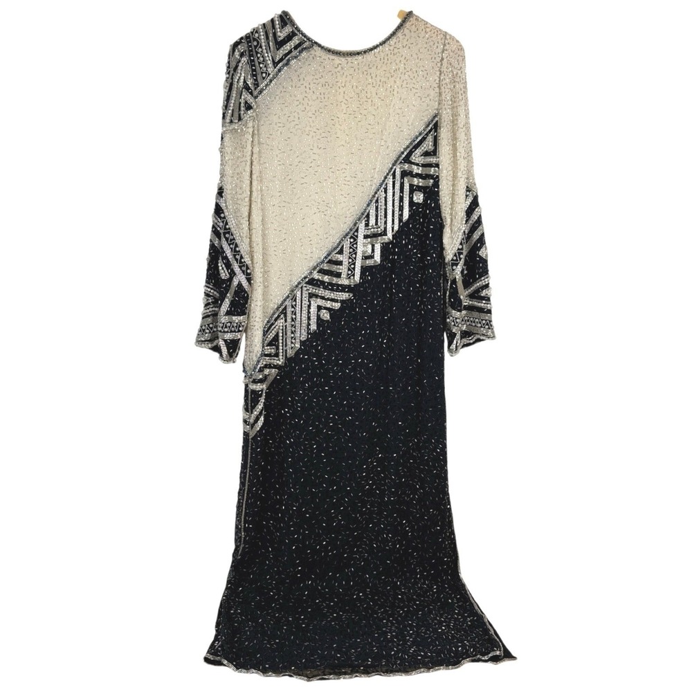 Vintage Judith Ann‎ Creations Black Ivory Beaded 100% Silk Rayon Maxi Dress M